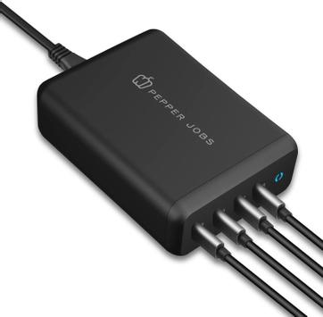 Pepper Jobs 165W GaN hurtiglader PPS 4x USB-C PD 3.0, inkludert strømledninger for Europa, England og USA (GaN-PD165W)