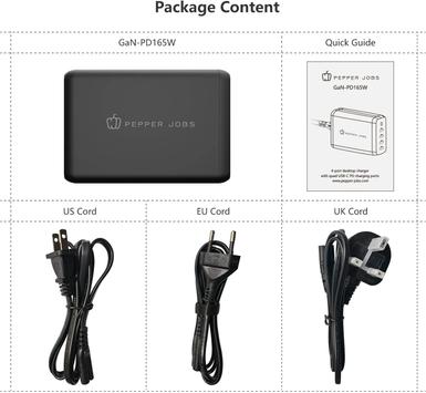 Pepper Jobs 165W GaN hurtiglader PPS 4x USB-C PD 3.0, inkludert strømledninger for Europa, England og USA (GaN-PD165W)
