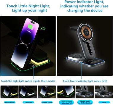 Pepper Jobs 4-i-1 trådløs ladestasjon 15W inkludert nattlysfunksjon (MWC-A8)