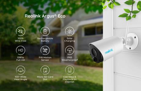 Reolink Argus Eco - hvitt (B320-W) trådløst overvåkningskamera Wi-Fi 2.4GHz, 1920x1080,  IP65, oppladbart (RLC-B320-W)