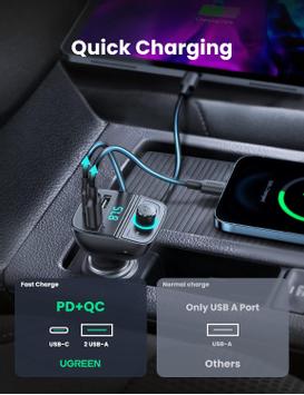 Ugreen trådløs FM-sender til bil - Bluetooth - 12V sigarettenneruttak - 3 USB-porter til lading (80910)