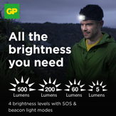 GP Xplor oppladbar hodelykt 500lm USB-C, 60 gram, IPX6, PHR17 (455028)