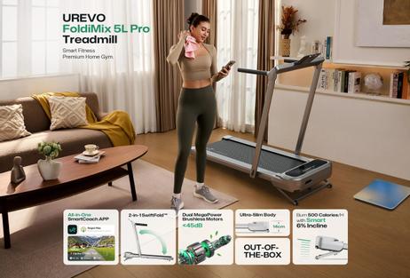 Urevo Foldimix 5L Pro sølv sammenleggbar tredemølle med stigningsfunksjon,  13.4km/t, 120x40cm løpebånd (URTM045)