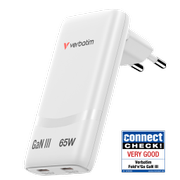 Verbatim Fold 'n' Go 65W sammenleggbar GaN-lader 2x USB-C PD, PPS, hvit